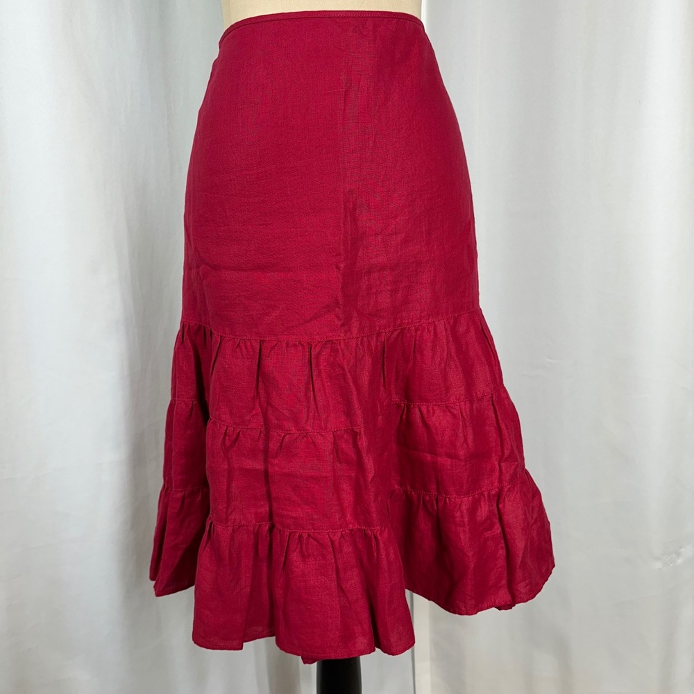 St Johns Bay 100% Linen Red Tiered Ruffle Midi Skirt Size 14 Boho